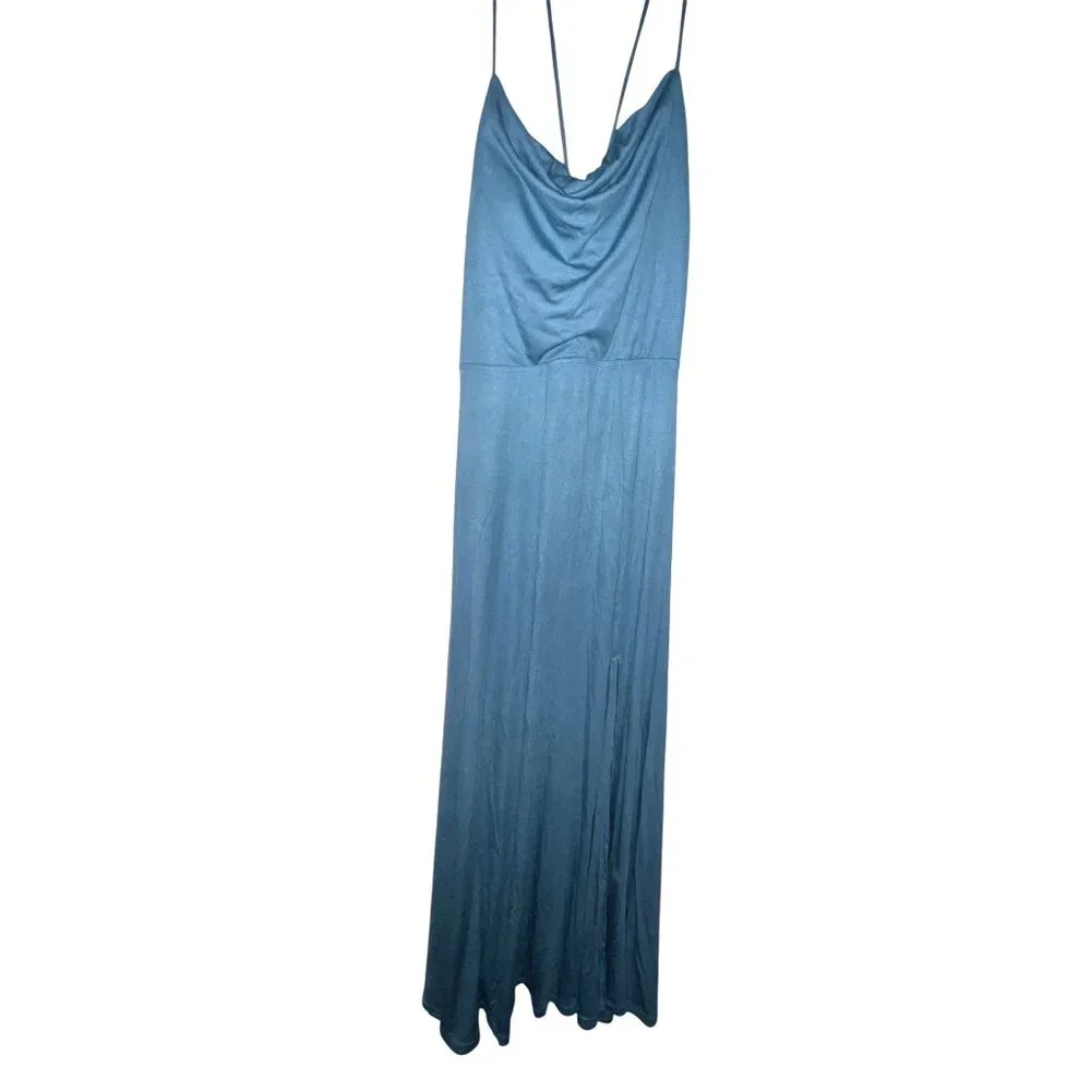 Halara Ribbed Cowl Neck Backless Crisscross Lace Up Party Dress Sz Medium Blue - Picture 7 of 9